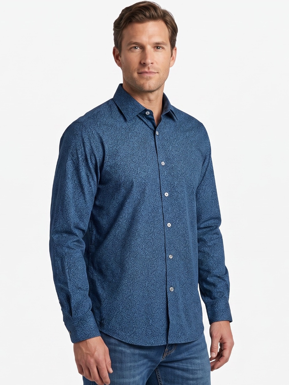 Jeff Mens Button Up Shirt Sz M Navy Blue Floral Print USA Made Business Casual